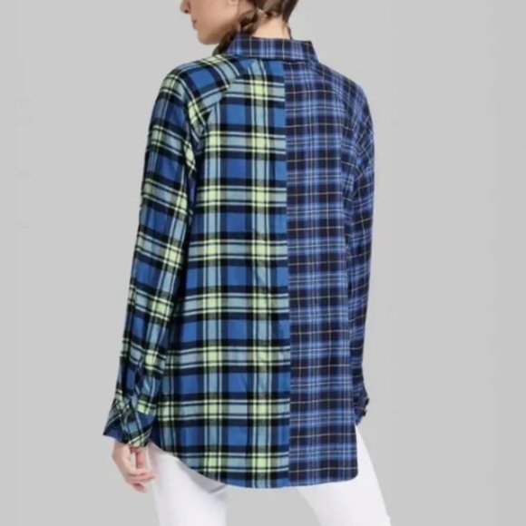 Wild Fable Spliced Blue Plaid Flannel Shirt Tunic With Pockets NWOT - Picture 2 of 5